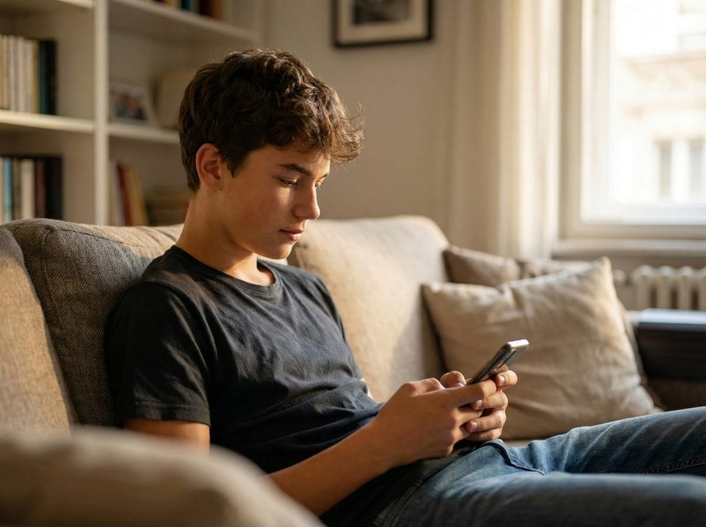 Boy sitting on his couch on his phone scrolling through his social media account